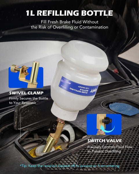 1L refilling bottle from 3L Vacuum Brake Bleeder Kit With Pneumatic Fluid Extractor, 18 Adapters, shown in car setup