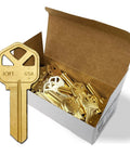 Premium Brass Kw1 Uncut Key Blanks Pack Of 50 for home and professional use, showing brass keys in box and one key detail