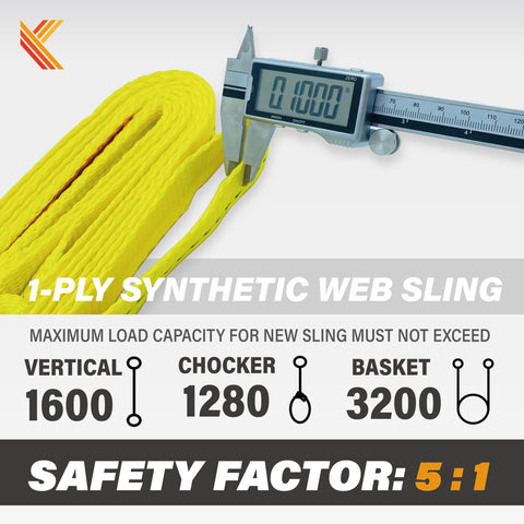 Close-up of One Inch Webbing Sling Six Foot Lifting Straps Two Pack Heavy Duty Rigging Gear with load capacities and caliper measurement.