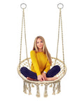 Boho Macrame Swing Chair For Indoor And Outdoor Use, Durable Cotton Hanging Hammock with tassels and ceiling mount