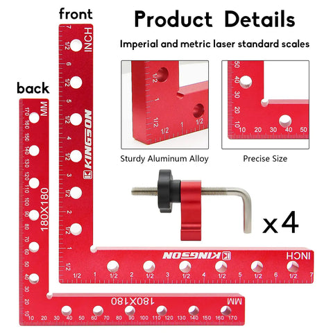Beefy 90 Degree Positioning Squares Right Angle Clamps Corner Clamp Set showing red aluminum alloy design with measurement scales