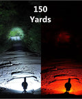 Rechargeable 100000 Lumen Spotlight With COB Flood Light illuminating at 150 yards in dual white and red light settings.