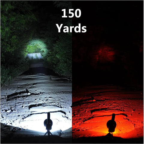 Rechargeable 100000 Lumen Spotlight With COB Flood Light illuminating at 150 yards in dual white and red light settings.