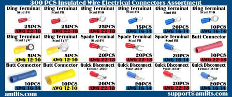 300 Piece Insulated Wire Terminal Kit With Butt Ring Spade And Quick Disconnect Crimp Connectors, Color Coded Display