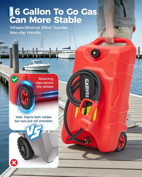 16 Gallon Rolling Gas Caddy With 10 Ft Manual Siphon Pump Hella Durable HDPE Fuel Tank Handling Gas Diesel Or Le Fluid With Zero Fuss Built Tough For Atv Tractor Generator And Boat Use on dock