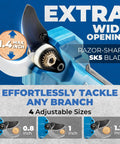 Cordless Electric Pruning Shears Built For Weak Hands Arthritis Relief Brushless Secateurs showing a razor-sharp blade with max 1.4 inch cutting capacity.