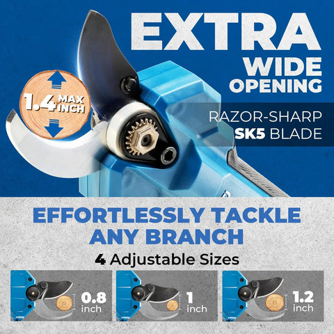 Cordless Electric Pruning Shears Built For Weak Hands Arthritis Relief Brushless Secateurs showing a razor-sharp blade with max 1.4 inch cutting capacity.