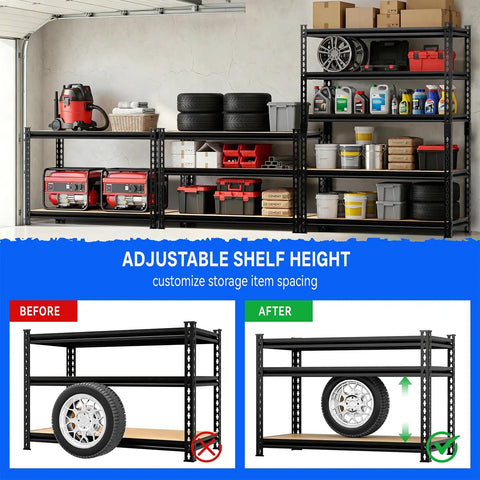 5 Tier Beefy Heavy Duty Metal Storage Shelving Rack With Adjustable Shelves, 3000 Lb Total Capacity, 60 Inch High, 28 Inch Wide, 12 Inch Deep, Ideal for Garage, Warehouse, Pantry, Kitchen, and Office with adjustable shelf height