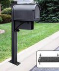 Mailbox mounted on a 4x4 post with inset showing Two Pack 4x4 Post Anchor Plates For Decks, Wood Fences, Mailboxes And Posts, Heavy Duty Structural Steel Post Bases With Predrilled Holes For Easy Concrete Install.