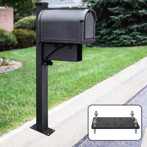 Mailbox mounted on a 4x4 post with inset showing Two Pack 4x4 Post Anchor Plates For Decks, Wood Fences, Mailboxes And Posts, Heavy Duty Structural Steel Post Bases With Predrilled Holes For Easy Concrete Install.