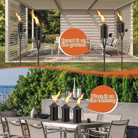Citronella Garden Torch Set Of Six with Large 16 Ounce Metal Torches 59 And A Half Inch Tall on patio and tabletop display