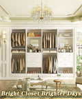 100 Inch Walk In Closet System With Deep Drawers And Sleek Mirror Panels, Wooden Wardrobe Organizer with dual hanging rods and broad shelves.