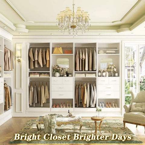 100 Inch Walk In Closet System With Deep Drawers And Sleek Mirror Panels, Wooden Wardrobe Organizer with dual hanging rods and broad shelves.