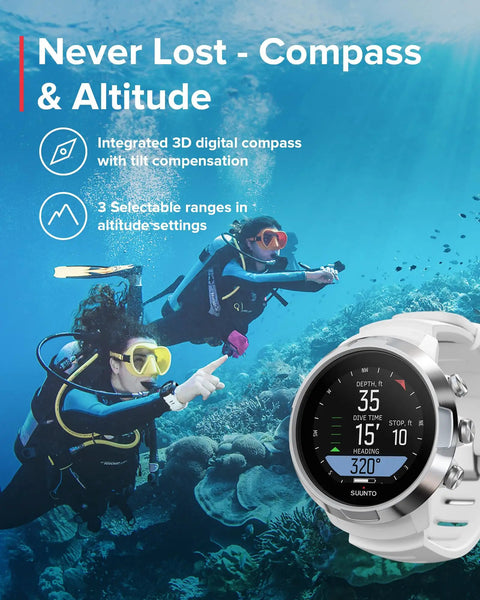 Divers in ocean using D5 Wrist Dive Computer With USB Cable White For Divers 100m Water Resistant Wireless Tank Pressure Vibration Alarms Digital Compass Seamless Mobile Connection Changeable Strap