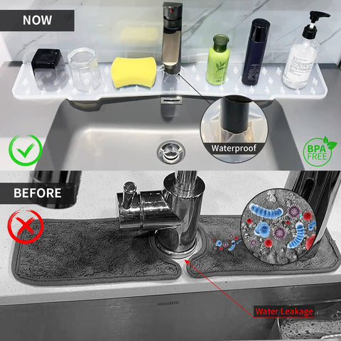 XXL 30 Inch Silicone Faucet Mat Splash Guard Drip Catcher Tray With Self Draining Slopes shown in kitchen use.