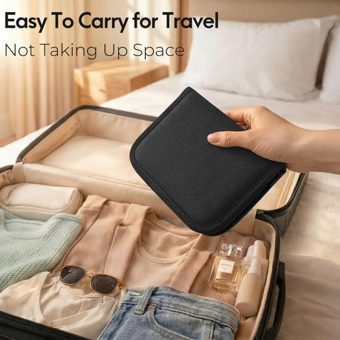 Hand placing Travel Friendly Portable Sewing Kit With All The Essentials Thread Needles Scissors And Basic Tools in a suitcase