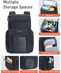 Waterproof Cooler Backpack For 30 Cans with multiple pockets, featuring top, large main, front zipper, and side mesh pockets.