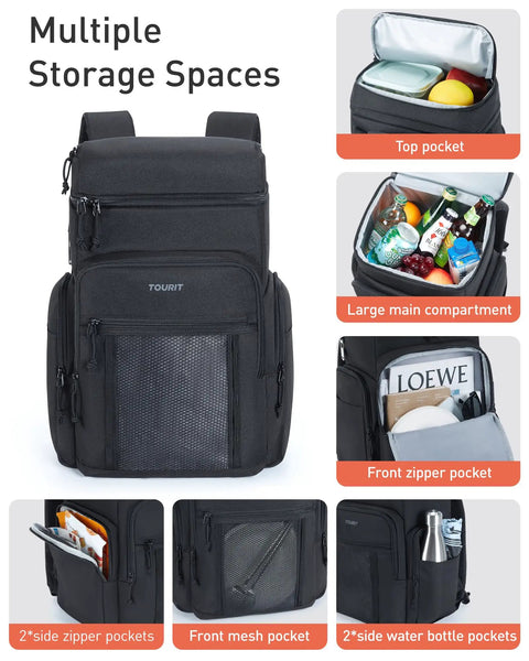 Waterproof Cooler Backpack For 30 Cans with multiple pockets, featuring top, large main, front zipper, and side mesh pockets.