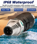 M12 To RJ45 10Gbps Ethernet Adapter IP68 Waterproof for rugged industrial use with visible four-pin connector and nylon design