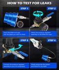 Front view of Orion Motor Tech CAC leak tester kit with blue aluminum canister, billet end caps, regulator, gauge, and hose