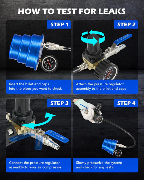 Front view of Orion Motor Tech CAC leak tester kit with blue aluminum canister, billet end caps, regulator, gauge, and hose