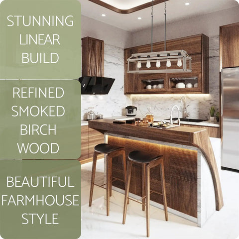 Issac 34 Inch Five Light Farmhouse Island Light In Smoked Birch Finish over rustic modern kitchen island with wood accents