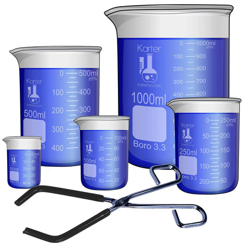 Beaker Set With Zinc Plated Tongs Five Sizes 50, 100, 250, 500, 1000ml Borosilicate Glass Low Form Laboratory Beakers With Double Scale ASTM E960 Type I Great For Teaching And Research Chemistry
