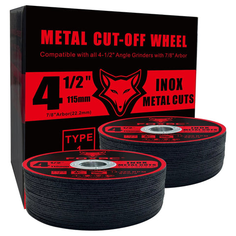 Front view: FOXBC 4-1/2 in cut-off wheel discs for angle grinder, 4.5 x .045 x 7/8, metal and stainless, 50-pack