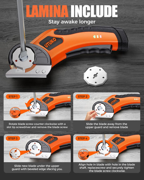 800 RPM Brushless Cordless Cardboard Cutter For Fast, Smooth Box Cutting, Beast Mode Pro Grade Tool With 3500mAh Battery, Powers Through Cardboard, Cartons, Plastic, Leather, Carpet, And More. orange cordless cutter with blade change steps