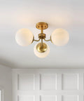 Brass Gold 3-Light Dope Mid Century Modern Semi Flush Mount Light With Frosted White Glass Globe Shade, LED Ceiling Fixture