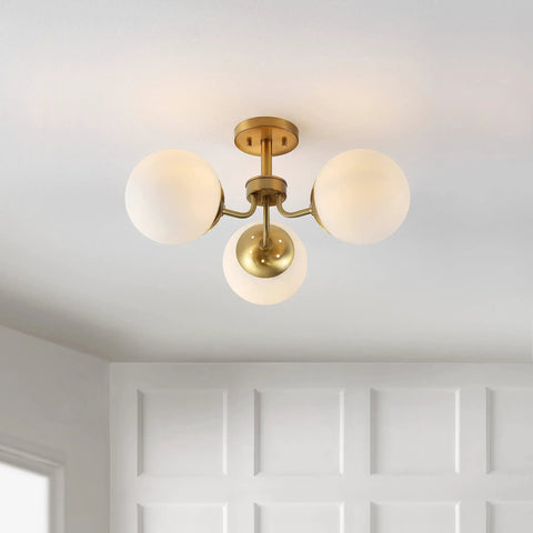 Brass Gold 3-Light Dope Mid Century Modern Semi Flush Mount Light With Frosted White Glass Globe Shade, LED Ceiling Fixture