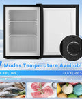 Hella Compact 2.1 Cubic Foot Upright Mini Freezer With Seven Adjustable Temperature Settings and Removable Wire Shelves, open view.