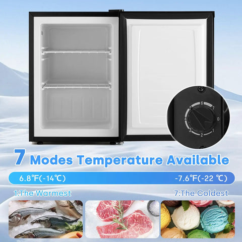 Hella Compact 2.1 Cubic Foot Upright Mini Freezer With Seven Adjustable Temperature Settings and Removable Wire Shelves, open view.