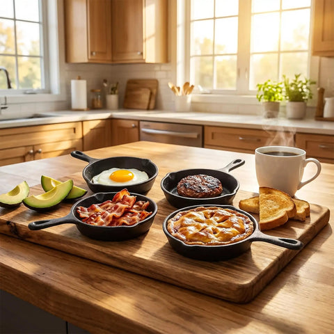 Four Pack Mini Cast Iron Skillets 4 Inch With Double Drip Spouts on wooden board with breakfast foods