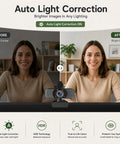 Crisp 1080P Webcam With Built In Noise Canceling Mic And Slide Privacy Cover Offers Automatic Brightness Tuning, showcasing light correction results.