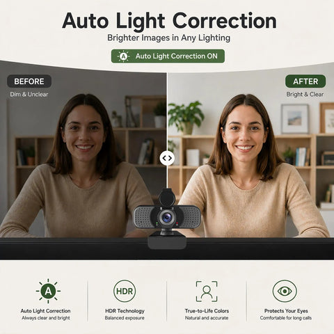 Crisp 1080P Webcam With Built In Noise Canceling Mic And Slide Privacy Cover Offers Automatic Brightness Tuning, showcasing light correction results.