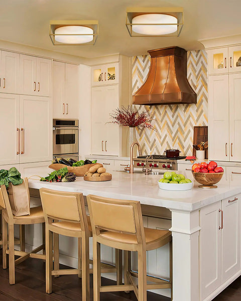 15 Inch Flush Mount Ceiling Light Fixture In Gold Finish With Opal Frosted Glass installed in modern kitchen ceiling