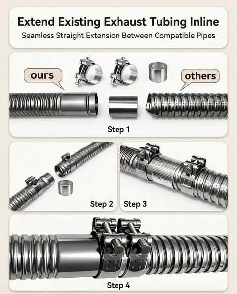 Flexible Stainless Steel Exhaust Tubing 1.5 In ID X 27.6 In Laser Welded Flex Pipe Kit with Coupler, Clamps Install Steps