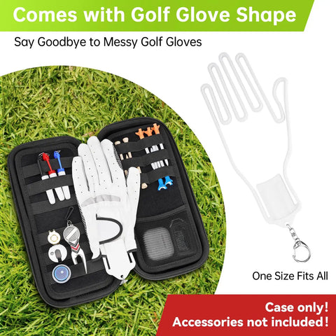 Hard Shell Golf Glove Case With Removable Glove Shaper Protective Organizer For Balls Tees And Markers, open with accessories