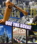 Collage of industrial scenes including a robotic arm, factory machinery, an oil refinery, and a car under inspection.