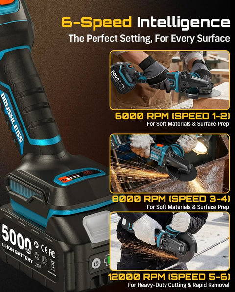 Heavy Duty Brushless Flathead Angle Grinder Kit With 21V Lithium Ion Muscle And Dual 5 Ah Packs control panel with speed settings for different materials.