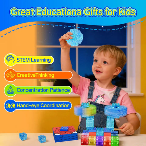 Child using 4 In 1 Glow In The Dark Blue Magnetic Fidget Spinner Set With Magnetic Building Blocks And Infinity Cube for STEM learning
