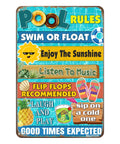 Colorful Pool Rules Sign Tin Decor with vibrant text including swim, sunshine, music, flip flops, and playful illustrations