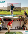 Backyard Golf Net 10x7 Ft With Frame For Indoor And Outdoor Practice, showing use in yard and garage setups