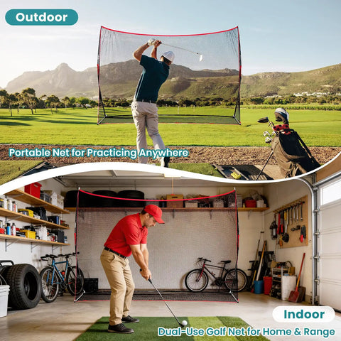 Backyard Golf Net 10x7 Ft With Frame For Indoor And Outdoor Practice, showing use in yard and garage setups