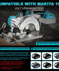 Badass 5 Inch Brushless Cordless Circular Saw Snap Mount Design Heavy Duty Pure Copper Motor Cranks At 6500 Rpm with battery compatibility information.