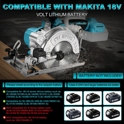 Badass 5 Inch Brushless Cordless Circular Saw Snap Mount Design Heavy Duty Pure Copper Motor Cranks At 6500 Rpm with battery compatibility information.