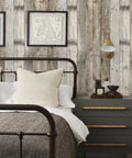 Bedroom with wall covered in Light Gray Wood Peel And Stick Wallpaper 17.7 Inch By 393.7 Inch 48.4 Sq Ft Roll Self Adhesive Distressed Wood Plank Texture.