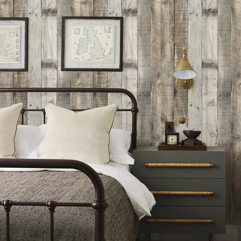 Bedroom with wall covered in Light Gray Wood Peel And Stick Wallpaper 17.7 Inch By 393.7 Inch 48.4 Sq Ft Roll Self Adhesive Distressed Wood Plank Texture.
