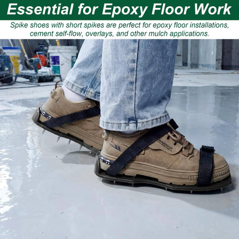 Ten Pair Pro Grade Epoxy Floor Spike Shoes with Three Quarter Inch Short Spikes for Concrete Garage Floors Universal Size Seven to Twelve Ideal for Epoxy Flooring Cement Ground and Construction Projects, shown in use on epoxy flooring.